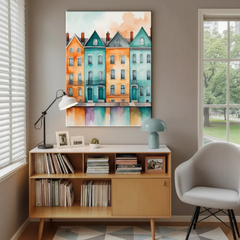 Colorful Townhouses Watercolor Cityscape Canvas Art – Bedroom Living Room Wall Decor