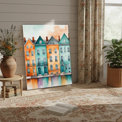 Colorful Townhouses Watercolor Cityscape Canvas Art – Bedroom Living Room Wall Decor