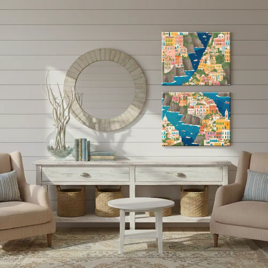 Colorful Seaside Mediterranean Coastal Town Canvas Art – Bedroom Wall Decor