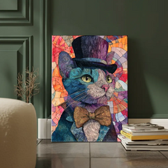 Elegant Cat in Top Hat Colorful Abstract Canvas Art – Bedroom Wall Decor