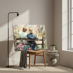 Romantic Couple on Bench Watercolor Canvas Art – Bedroom Living Room Wall Decor