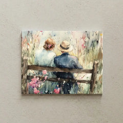 Romantic Couple on Bench Watercolor Canvas Art – Bedroom Living Room Wall Decor