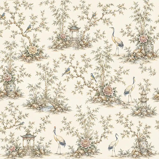 Oriental Garden Crane Chinoiserie Wallpaper