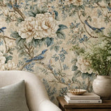 Blue Songbird Peony Chinoiserie Wallpaper