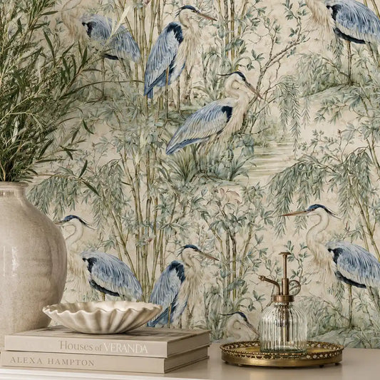 Heron Willow Garden Chinoiserie Wallpaper