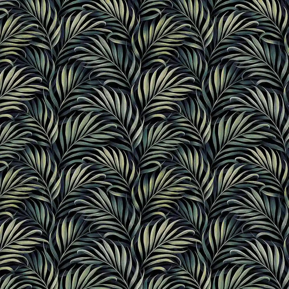 Deep charcoal olive luxury jungle palm peel-and-stick wallpaper for dramatic accent wall