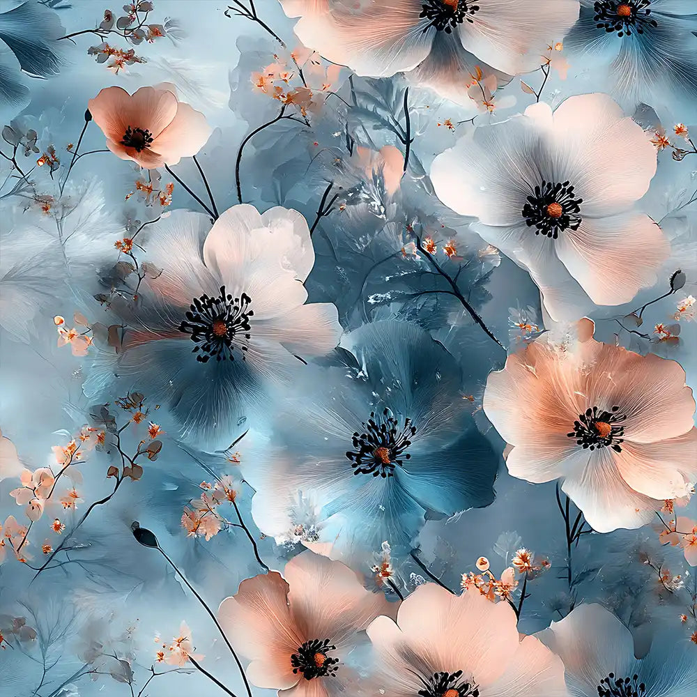 Muted blue watercolor blossom dreamy peel-and-stick floral wallpaper for soft bedroom design