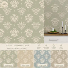 Sage green classic ornamental damask peel-and-stick wallpaper for bedroom or dining room