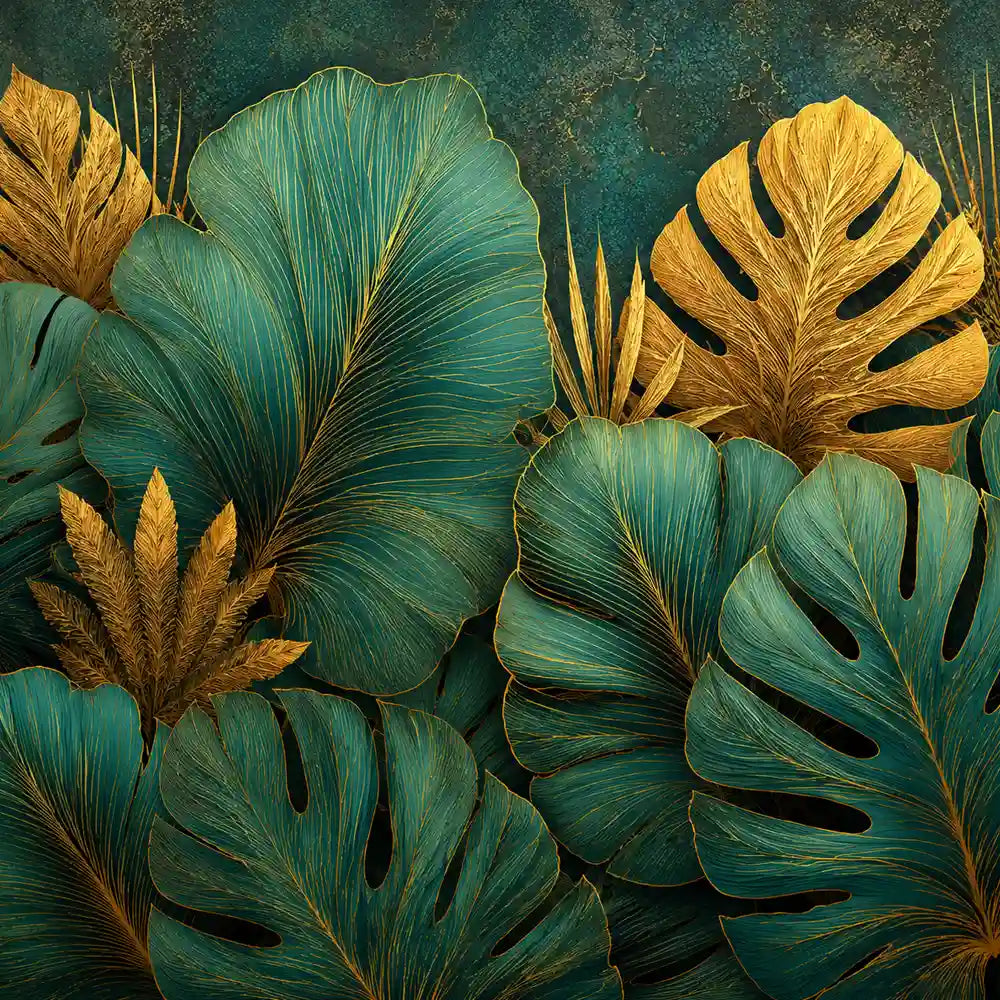Emerald green and gold luxury tropical botanical peel-and-stick wall mural for bedroom