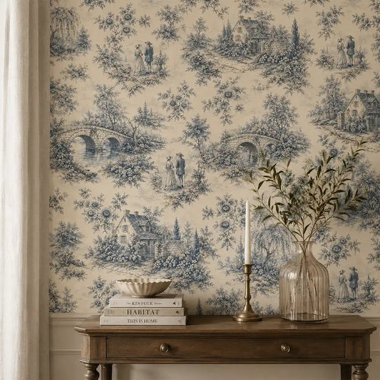 French Riverside Toile Wallpaper