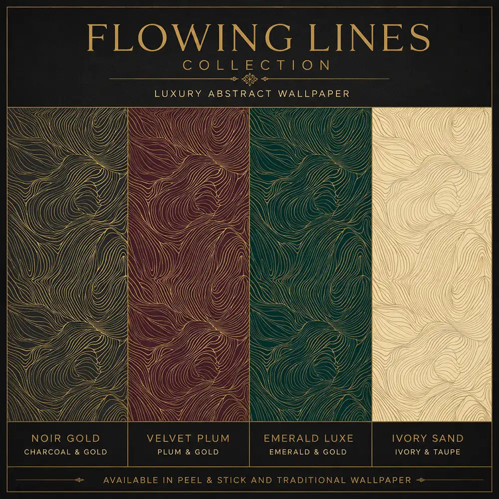 Noir gold abstract flowing lines peel-and-stick wallpaper for modern bedroom or office walls