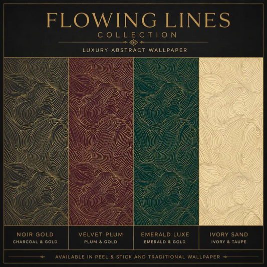 Noir gold abstract flowing lines peel-and-stick wallpaper for modern bedroom or office walls