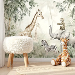 Jungle Safari Animals Wall Mural – Kids Room Peel-and-Stick Large Removable Design