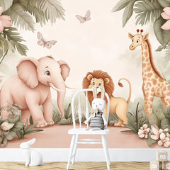 Safari Friends Pastel Nursery Wall Mural – Peel-and-Stick Large Removable Design