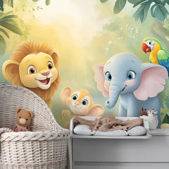 Bright Jungle Friends Wall Mural – Kids Room Peel-and-Stick Large Removable Design