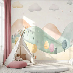 Pastel Dreamland Hills Wall Mural – Kids Room Peel-and-Stick Large Removable Design
