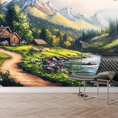 Mountain Valley Cottage Landscape Wall Mural – Peel-and-Stick Large Removable Design