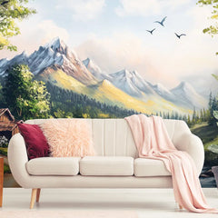 Mountain Valley Cottage Landscape Wall Mural – Peel-and-Stick Large Removable Design
