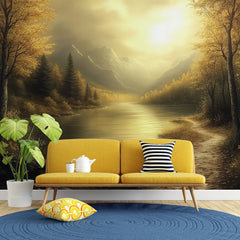 Golden Sunset Lake Landscape Wall Mural – Peel-and-Stick Large Removable Design