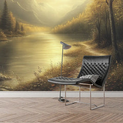 Golden Sunset Lake Landscape Wall Mural – Peel-and-Stick Large Removable Design