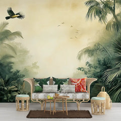 Misty Jungle Wall Mural – Lush Green Peel-and-Stick Large Removable Design