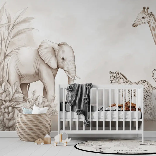 Beige Safari Wall Mural – Neutral Kids Room Peel-and-Stick Large Nursery Design