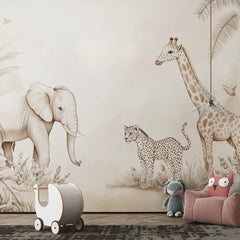 Beige Safari Wall Mural – Neutral Kids Room Peel-and-Stick Large Nursery Design