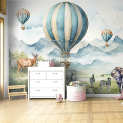 Safari Balloon Adventure Wall Mural – Kids Room Peel-and-Stick Large Design