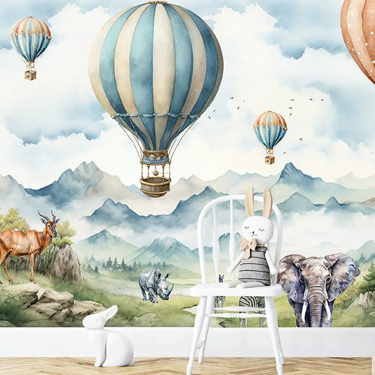 Safari Balloon Adventure Wall Mural – Kids Room Peel-and-Stick Large Design