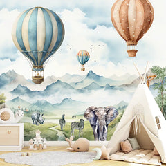 Safari Balloon Adventure Wall Mural – Kids Room Peel-and-Stick Large Design