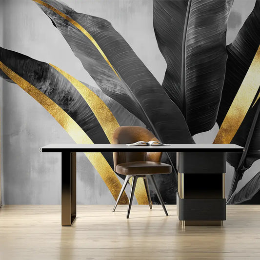 Black and Gold Banana Leaf Luxury Wall Mural – Peel-and-Stick Large Removable Design
