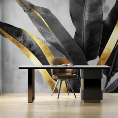 Black and Gold Banana Leaf Luxury Wall Mural – Peel-and-Stick Large Removable Design