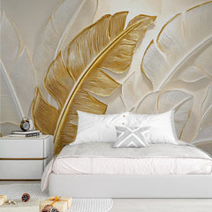 Golden Tropical Leaves Wall Mural – Peel-and-Stick Large Bedroom Living Room