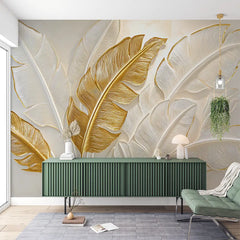 Golden Tropical Leaves Wall Mural – Peel-and-Stick Large Bedroom Living Room