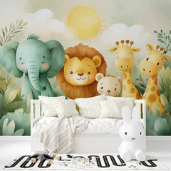 Cute Safari Animals Nursery Kids Room Wall Mural – Peel-and-Stick Large Design