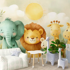 Cute Safari Animals Nursery Kids Room Wall Mural – Peel-and-Stick Large Design