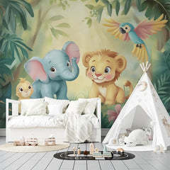 Cute Jungle Friends Kids Wall Mural – Peel-and-Stick Large Nursery Design