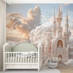 Dreamy Cloud Castle Fairytale Wall Mural – Peel-and-Stick Large Kids Room Design