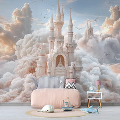 Dreamy Cloud Castle Fairytale Wall Mural – Peel-and-Stick Large Kids Room Design