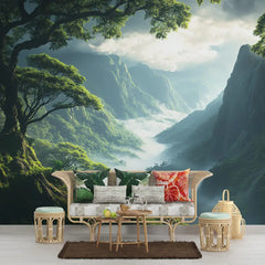 Misty Mountain Forest Landscape Wall Mural – Peel-and-Stick Large Removable Design