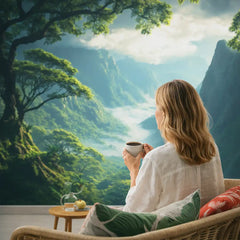Misty Mountain Forest Landscape Wall Mural – Peel-and-Stick Large Removable Design