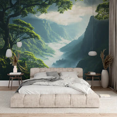 Misty Mountain Forest Landscape Wall Mural – Peel-and-Stick Large Removable Design