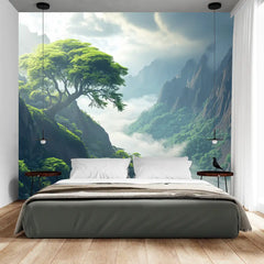 Nature and Mountain Landscape Wall Mural – Peel-and-Stick Large Bedroom Design