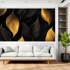 Black and Gold Elegant Leaf Wall Mural – Luxury Peel-and-Stick Large Bedroom Design