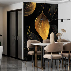 Black and Gold Elegant Leaf Wall Mural – Luxury Peel-and-Stick Large Bedroom Design