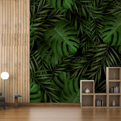 Deep Green Tropical Leaves Wall Mural – Peel-and-Stick Large Bedroom Living Room
