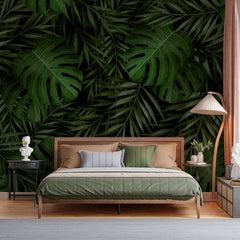 Deep Green Tropical Leaves Wall Mural – Peel-and-Stick Large Bedroom Living Room