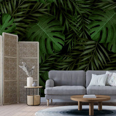 Deep Green Tropical Leaves Wall Mural – Peel-and-Stick Large Bedroom Living Room