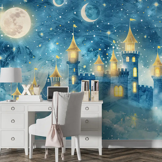 Night Castle Kids Wall Mural – Magical Peel-and-Stick Large Girls Room Design