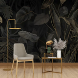 Black and Gold Tropical Leaves Wallpaper – Luxury Peel-and-Stick Bedroom Design